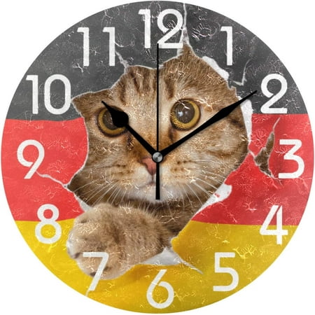 GZHJMY German Flag Cat Round Wall Clock, 9.5 Inch Battery Operated Quartz Analog Quiet Desk Clock for Home,Kitchen,Office,School,Bathroom