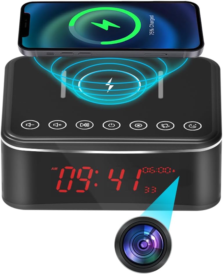 Hidden Camera Motion Activated/Stronger Night Vision/160°View Angle/4K,Spy Camera camaras espias ocultas with Bluetooth Speaker,Alarm Clock,Wireless/Wire Charger(2.4/5Ghz)