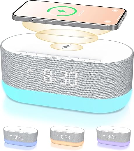 HOUSBAY Sound Machine with Alarm Clock for Bedrooms, Dual Speakers, 21 HiFi Sounds, 10W Wireless Charger, Unlimited Sound, Bluetooth, 10 Night Light, White Noise Machine for Sleeping