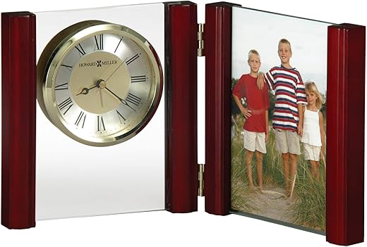 Howard Miller Alex Portrait Table Clock 645-618 – Hinged Wood, Glass Alarm Clock, Picture Frame, Satin Rosewood Hall Finish Side Columns, Quartz Alarm Movement