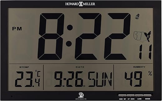 Howard Miller Ayden Digital Wall Clock 625-770 – Matte Black Finish, Large Display, Silver Finished Buttons, LED Display, Radio-Controlled, Daylight-Saving Time, Smart Alarm Clock