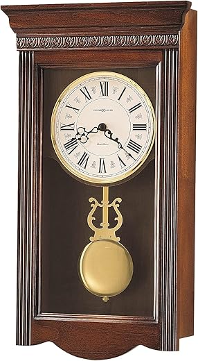 Howard Miller Backus Wall Clock II 549-557 – Windsor Cherry Finish, Antique Home Décor, Polished Brass Finished Lyre Pendulum, Quartz Dual-Chime Movement