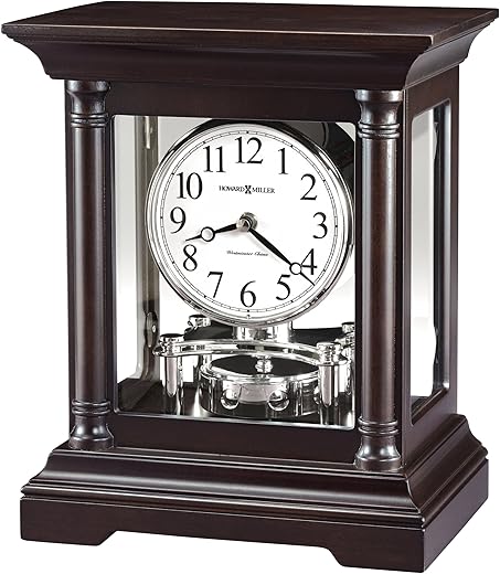 Howard Miller Cassidy Mantel Clock 635-198 – Black Coffee Finish, Modern Home Décor, Revolving Disk-Style Pendulum, Volume Control, Quartz Single-Chime Movement