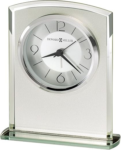 Howard Miller Glamour Table Clock 645-771 ? Modern Frosted Glass Clock with Curved Top, Mirrored Beveled Edges, Mirrored Glass Base, Alarm/Quartz Movement