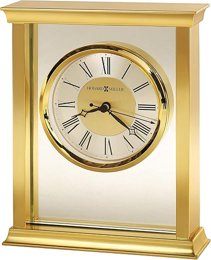 Howard Miller Monticello Table Clock 645-754 – Brass Finished Home Decor, Glass Center Panel, Black Accents, Felt Bottom, Classic Square Timepiece, Quartz Movement