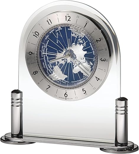 Howard Miller Ponderay Alarm Table Clock II 549-775 – Convex Acrylic Crystal, Silver Tone Metal Columns, Contemporary Home Décor, Quartz Alarm Movement