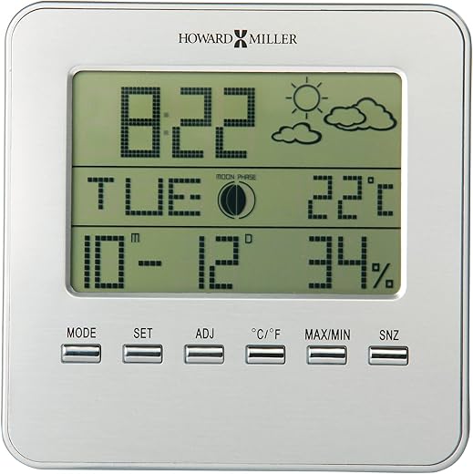 Howard Miller Weather View Table Clock 645-693 – Satin Silver Finish, LCD Screen, Displays Temperature, Humidity, Calendar, Moon Phase & Time, Quartz & Alarm Movement