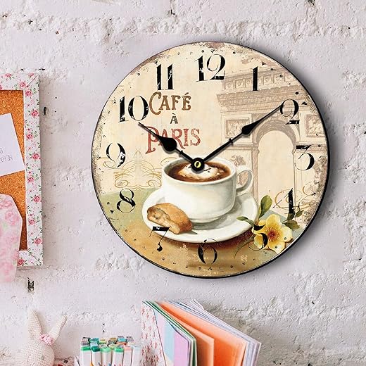 HQF Vintage Wall Clock,12" French Wall Clocks Cafe & L'Arc de Triomphe Style Rustic Clocks Farmhouse Clock Silent Clock Upgraded Movement MDF Wooden for Living Room Bedroom Kitchen Decor