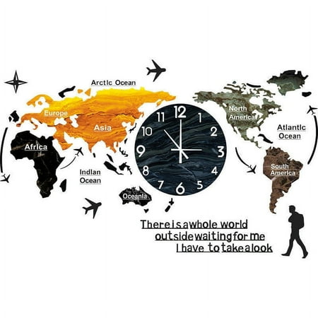 Hxoliqit World Map Wall Clock Home Bedroom Wall Personality Wall Clock Clock & Accessories Clock For Bedroom Home Supplies Household items Small Household appliance