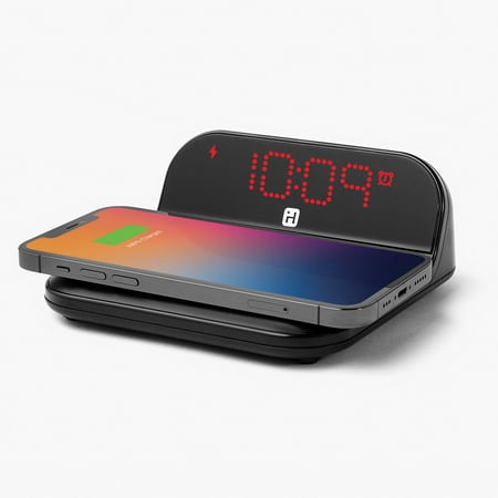 iHome Digital Alarm Clock with Wireless Charging, Programmable Snooze, Dimmable Display, and Battery Backup (IHV18B)