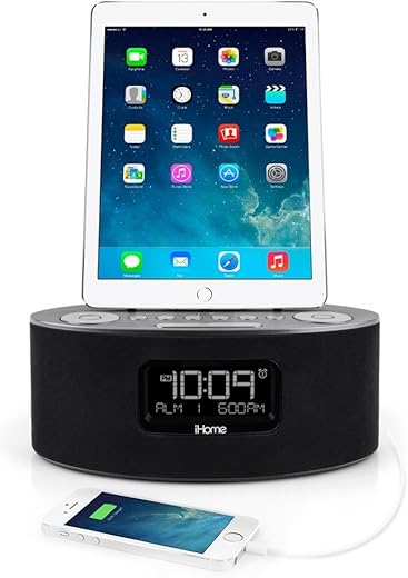 iHome iDL46 Lightning Dock Clock Radio and USB Charge/Play for iPad/iPod and iPhone 5/5S and 6/6Plus iPad Air /iPad Mini (Gray)