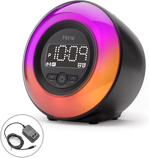 iHome PowerClock Glow Alarm Clock - Bluetooth Color Changing FM Clock Radio with USB Charging Port, Dimmable Display and 7-5-2 Dual Alarm - Perfect for Bedside Tables (Model iBT295)