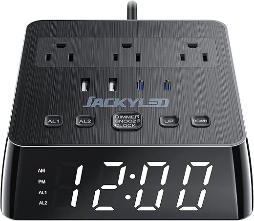 JACKYLED Alarm Clock with 4 USB Chargers Power Strip 3 Outlets 1700J Surge Protector Nightstand Dimmable Digital Clock with Dual Alarm and Snooze Function for Bedroom, Full Screen LED Display