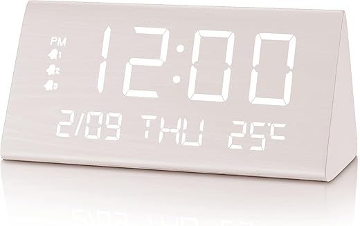 JALL Digital Alarm Clock, with Wooden Electronic LED Time Display, 3 Alarm Settings, Weekday/Weekend Mode, Temperature Detect, Wood Made Electric Clocks for Office, Bedroom, Bedside