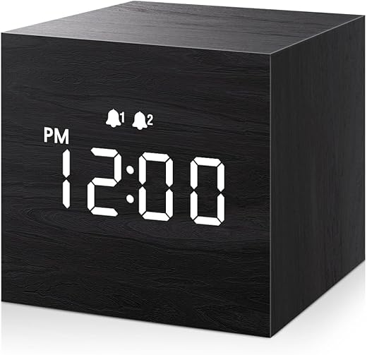 JALL Digital Alarm Clock, with Wooden Electronic LED Time Display, Dual Alarm, 2.5-inch Cubic Small Mini Wood Made Electric Clocks for Bedroom, Bedside, Desk, Black