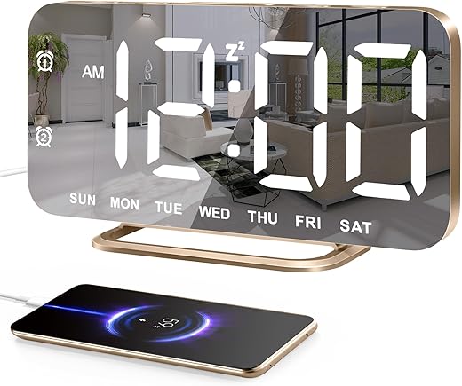 JALL Super Slim LED Digital Alarm Clock, Mirror Surface for Makeup, with Diming Mode, 4 Levels Brightness, Large Display, Easy Setting, Dual USB Ports, Modern Decoration for Home, Bedroom Decor, Gold