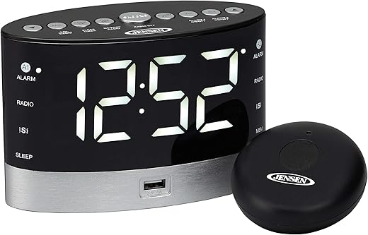 JENSEN JCR-255 JCR-255 .6-Watt AM/FM Dual-Alarm Digital Clock Radio with Under-Pillow Vibrator , Black