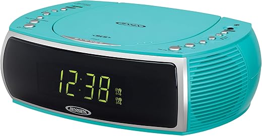 Jensen JCR-322TQ Modern Home CD Tabletop Stereo Clock Digital AM/FM Radio CD Player Dual Alarm Clock Stereo CD Top-Loading Disc Player | USB Charging Port DV 5V 800mA | Headphone Jack | 0.9 Display