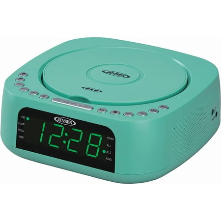 Jensen Modern Home Audio CD Player Tabletop Stereo Dual Digital Alarm Clock FM Radio | Top-Loading CD/MP3/WMA Player | USB Charging Port 2.1A | 0.9 Digital Display Green LED - Teal