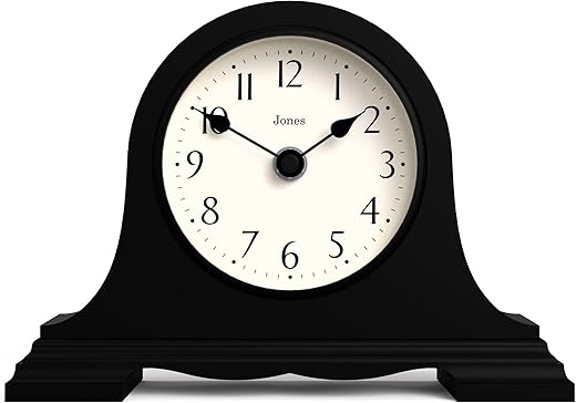 JONES CLOCKS® Speakeasy Mantel Clock - A Classic Mantlepiece Clock - Clocks for Living Room - Office Clock - Desk Clock - Black Hands - Arabic Dial (Black)