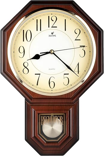 JUSTIME Traditional Schoolhouse Arabic Pendulum Wall Clock Chimes Hourly with Westminster Melody Made in Taiwan, 4AA Batteries Included (PP0258-ADW Dark Wood Grain)