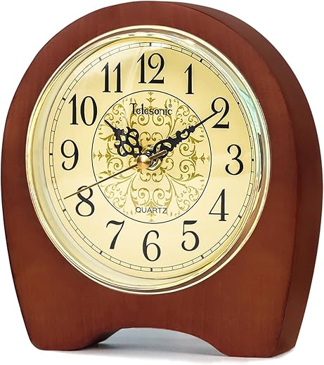 JUSTUP Desk Clock, Wooden Silent Table Clock, Battery Operated Vintage Clock Home Ornament Decoration with Unique Print for Living Room Bedroom Study Office (Brown)