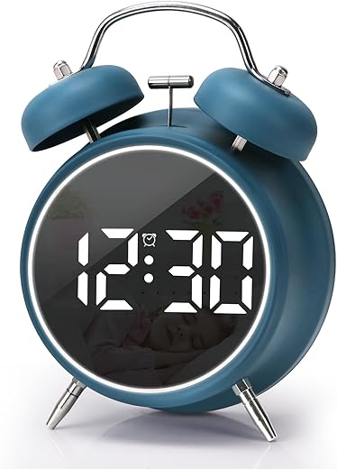 JUSTUP Digital Small Alarm Clock, 4.5 Inch Double Bell Electronic LED Alarm Clock, Plug in or Battery Operated Silent Metal Alarm Clock, Bedside Loud Alarm Clock for Heavy Sleepers Adults Kids (Blue)