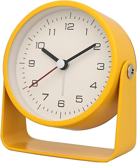 JUSTUP Modern Analog Alarm Clock, 3.5 Inch Minimalist Metal Border Table Alarm Clock, Silent Non Ticking Desk Alarm Clock, Bedside Alarm Clock for Kids Student (Yellow)