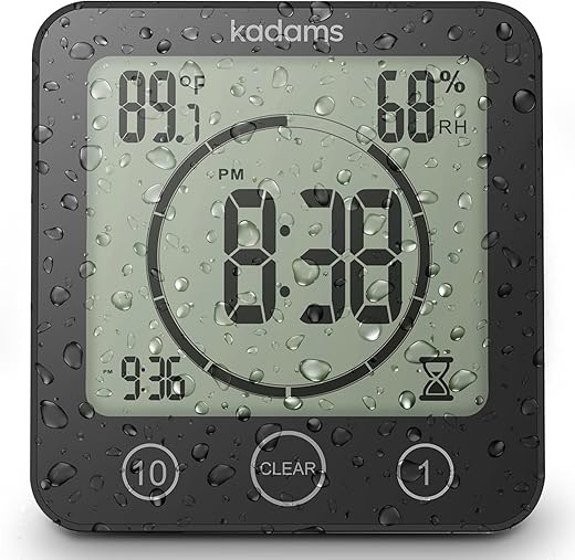 KADAMS Digital Bathroom Shower Kitchen Wall Clock Timer with Alarm, Waterproof for Water Spray, Touch Screen Timer, Temperature Humidity, Suction Cup Hanging Hole Stand - Black