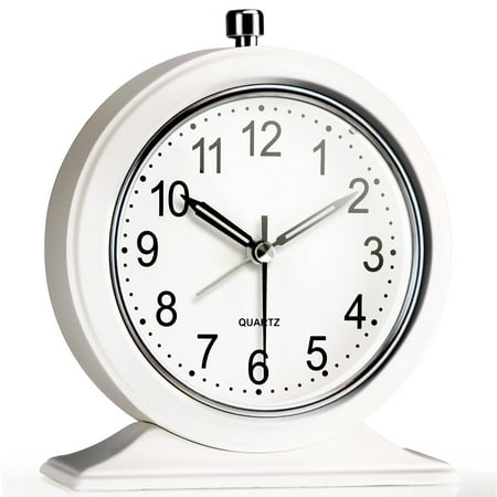 KeesonKimi Silent Small Desk Alarm Clock with Light Function, Vintage Metal Round Table Clock, White