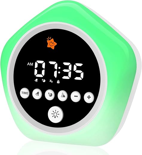 Kids Alarm Clock, Toddler Sleep Training Clock with Red Green Light, Ok to Wake Clock for Kids with Night Lights,10 Colors and 5 Sounds, Perfect Clock Gift for Kids