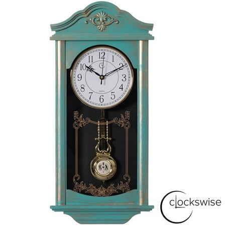 Large Vintage Grandfather Wood- Looking Plastic Pendulum Wall Clock for Living Room, Kitchen, or Dining Room, Large Blue with Gold Distressed Design