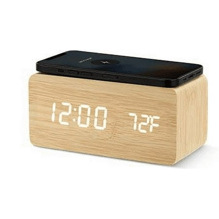 LED Display Wireless Charging Wooden Alarm Clock -Qi Phone Charger - Linsar