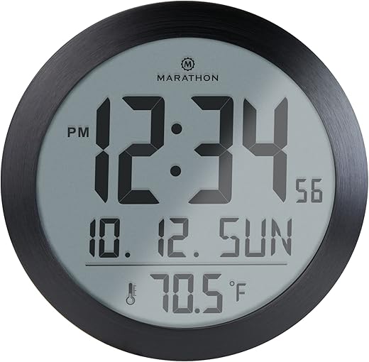 MARATHON 8-Inch Round Digital Wall Clock, Black/Stainless Steel - Large, Easy-to-Read Display - AM/PM or 24-Hour Time, Eight Time Zones, Indoor Temperature, Date