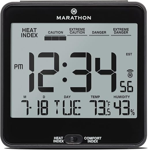 MARATHON Atomic Desk Clock, Black - Easy-to-Read 5.2” Display with Calendar + Heat & Comfort Index - Includes Alarm with Snooze & Backlight