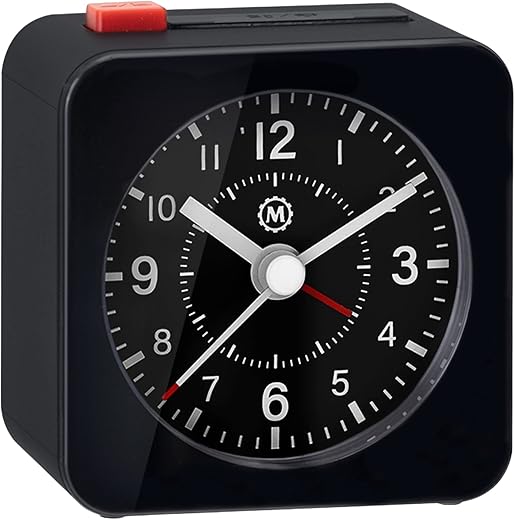 MARATHON Mini Non-Ticking Analog Alarm Clock with Auto Blacklight, Black/Black - Silent Smooth Sweep - Alarm & Snooze Functions - Two AAA Batteries Included