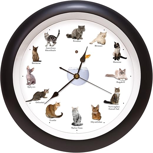 Mark Feldstein & Associates Meowing Cat Sounds Wall Clock, 13, Black, 12 Popular Breeds