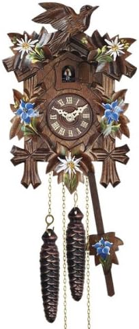 Mechanical Cuckoo Clock with One Day Movement, 9 Inch, Hand Painted Carving with Edelweiss & Gentian