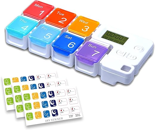 Medicine Organizer with Timer Reminder Alarm, Travel Weekly Pill Organizer case, Daily Pill Box/Container 7 Day, Electronic Pill Dispenser for Vitamin (7 Compartments with Alarms-Rainbow)