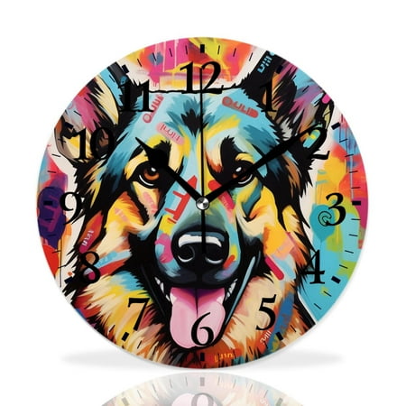 MEOSLZUT 10 inch Round Wall Clock,German Shepherd Drawing,Silent Non Ticking Wall Clocks for Living Room Kitchen Bedroom