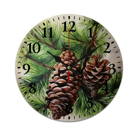 MLJA Fashionable PVC Wall Clock Pine Cones Pine Needles Green Leaves Silent Sweep Movement Decorative Retro Charm Clock 25cm/9.84in