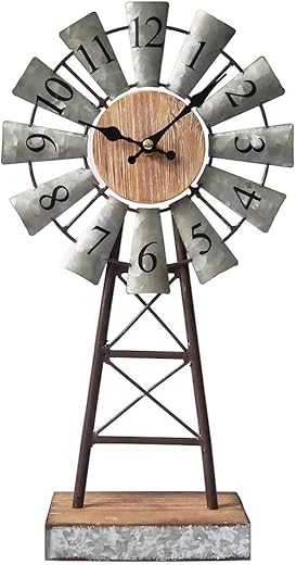 MODE HOME Vintage Farmhouse Desk Clock on Stand, Galvanized Windmill Table and Shelf Clock, Decorative Mantel Clock for Bedroom, Kitchen, Living Room, Bathroom, Silent Battery Operated 15.75H