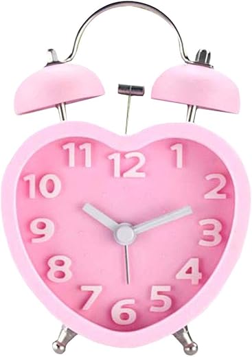 Monique 3in 3D Dial Loud Twin Bell Alarm Clock Silent Analog Quartz Nightlight Clock Heart Shape Pink