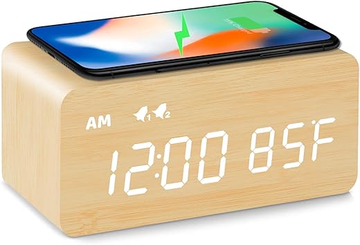 MOSITO Digital Wooden Alarm Clock with Wireless Charging, 0-100% Dimmer, Dual Alarm, Weekday/Weekend Mode, Snooze, Wood LED Clocks for Bedroom, Bedside, Desk, Kids (Bamboo)