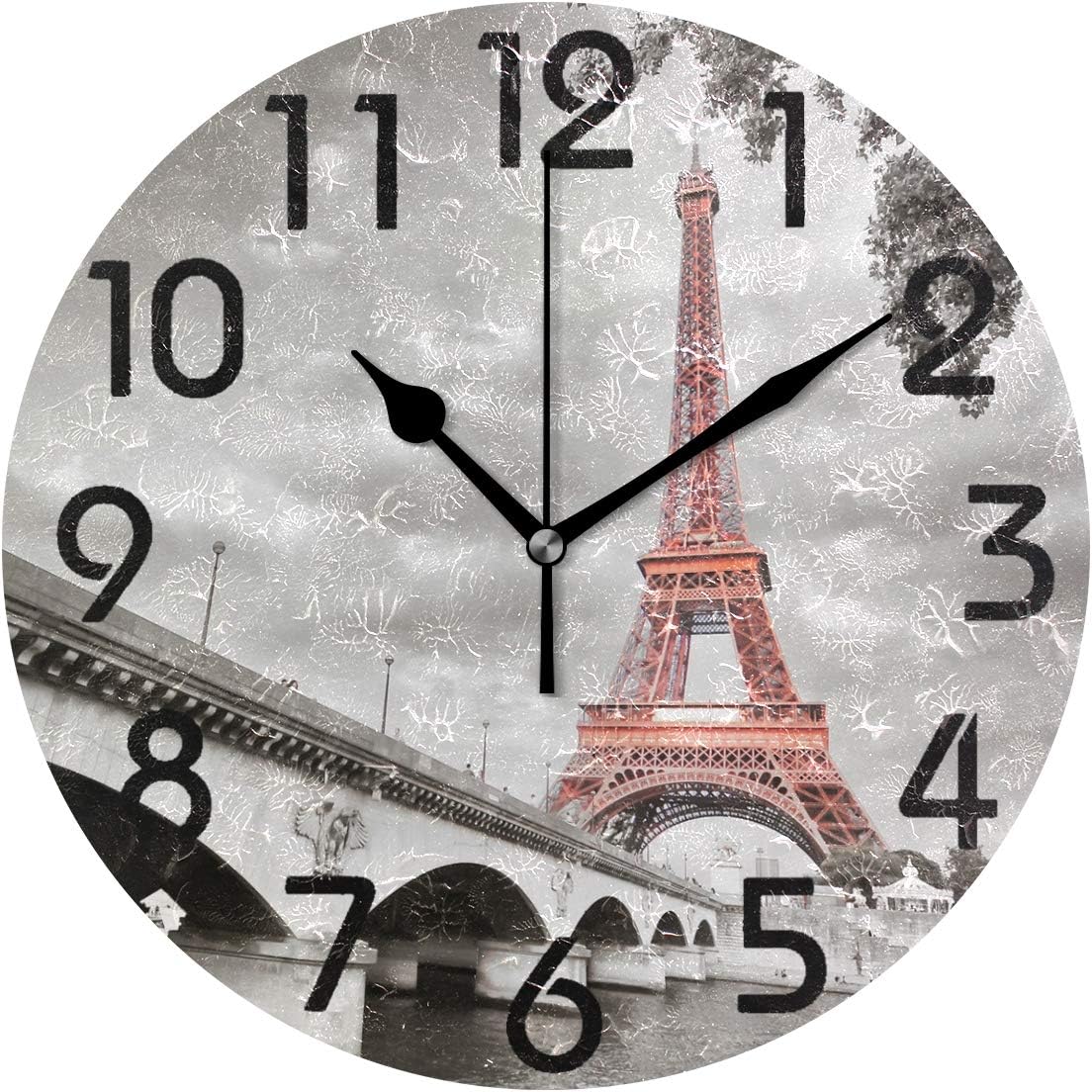 Naanle 3D Stylish Eiffel Tower Paris in Monochrome Style Round Wall Clock Decorative, 9.5 Inch Battery Operated Quartz Analog Quiet Desk Clock for Home,Office,School