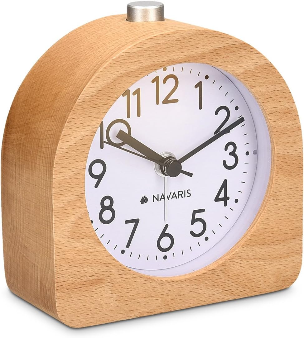 Navaris Wood Analog Alarm Clock - Half-Round Battery-Operated Non-Ticking Clock with Snooze Button and Light - Light Brown