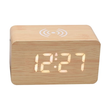 Nightlight Wireless Charging LED Wooden Alarm Clock, Multifunctional Voice Controlled Mute Electronic Clock, Wireless Charging Clock