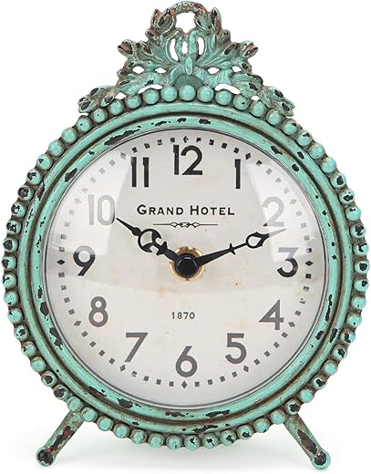 NIKKY HOME Antique Table Clock Silent Non-Ticking, Small Shelf Desk Top Clock Battery Operated Rustic Distressed Design, Shabby Chic Home Decor for Fireplace Mantel, Desktop, Countertop- Green