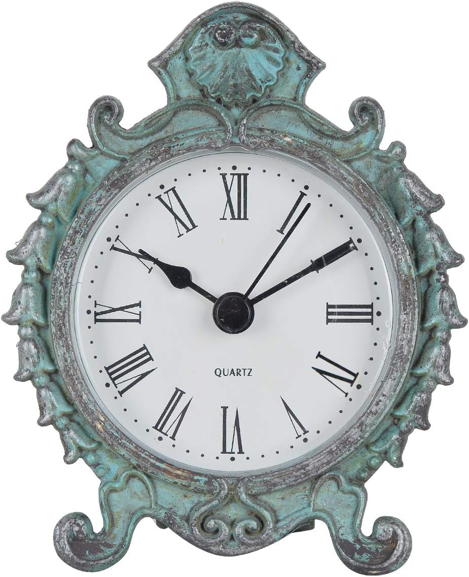 NIKKY HOME Baroque Style Pewter Quartz Small Round Table Clock with 3.12'' by 1.35'' by 3.87'', Dark Green