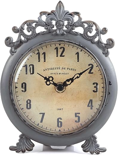 NIKKY HOME Small Vintage Table Clock, Decorative Shelf Desk Top Clock Battery Operated Round French Design, Farmhouse Home Decor for Bathroom, Tabletop, Desktop, Countertop, Rustic Grey